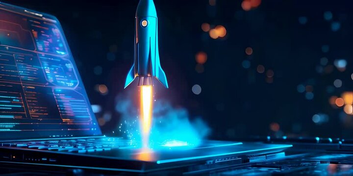 A digital illustration of a rocket launching from a laptop background illuminated by blue neon light symbolizing the start of an online business with innovation and modernity