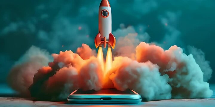 A rocket launching from a phone on a green background symbolizing a startup business theme with digital innovation and modern entrepreneurial ideas