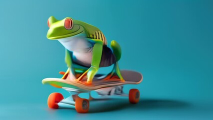 A colorful frog sitting on a skateboard against a blue background. Fun and whimsical concept.