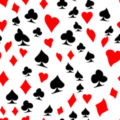 Red, black, golden suits of playing cards seamless pattern. Spades, crosses, diamonds and hearts. suits for playing cards