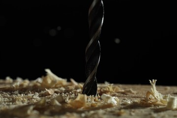 Electric drill and sawdust on black background, closeup
