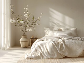 Relaxing Contemporary Bedroom Retreat with Minimalist Earthy Aesthetic and Plush Cream Bedding