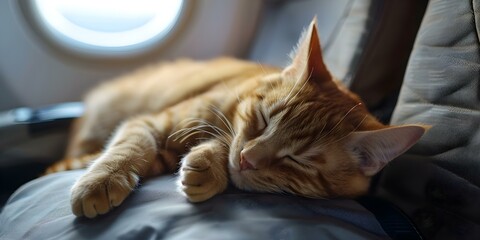 Ginger Cat Relaxing on a Pillow in a Pet-Friendly Airplane Seat. Concept Cute Animals, Traveling with Pets, Airplane Comfort, Cozy Spaces, Whiskered Companions