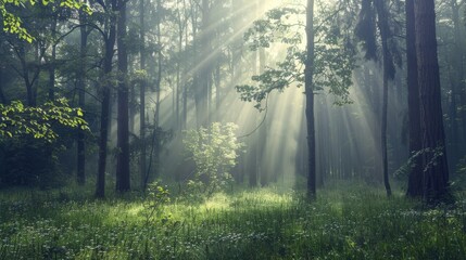 Obraz premium Enchanting Morning in Misty Spring Forest with Sun Rays Illuminating the Beautiful Nature