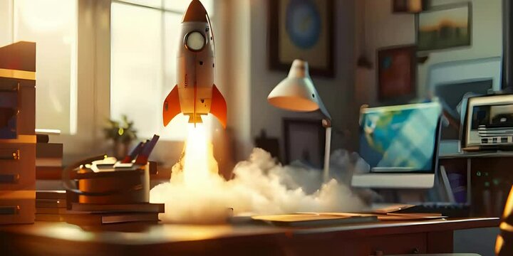 A rocket launches from an office desk in a 3D-rendered style symbolizing startup and innovation in business