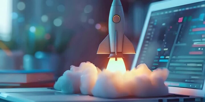 A rocket launches from the screen of an open laptop symbolizing the start of an online business venture with innovation and entrepreneurship concept