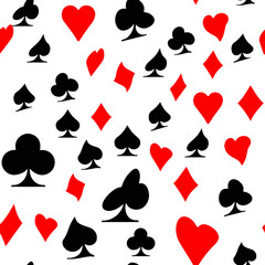 Red, black, golden suits of playing cards seamless pattern. Spades, crosses, diamonds and hearts. suits for playing cards
