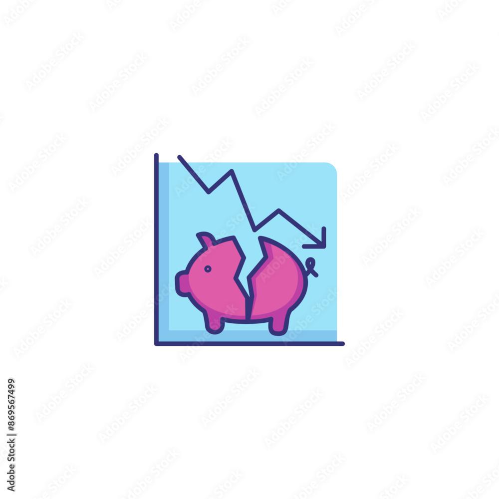 Poster crisis line icon. decline graph and broken piggy bank. loss concept. can be used for topics like bus