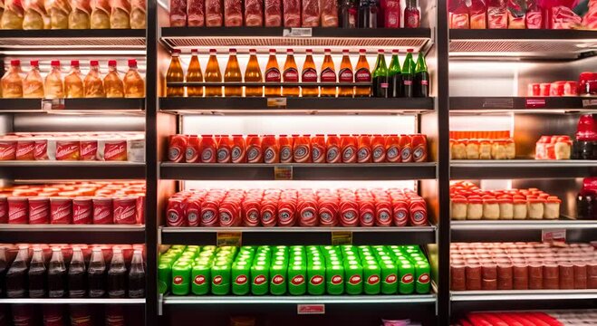 Soft drinks in a supermarket refrigerator.