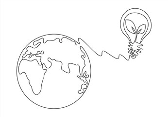 light bulb with globe and plant in one single line drawing. simple creative innovation concept.Plant inside Lightbulb with power plug in one line drawing. Creative concept of Eco