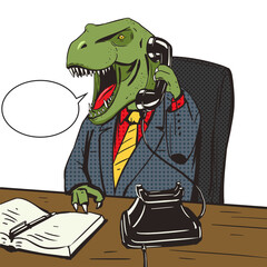 Dinosaur businessman talking by old phone pop art style PNG illustration. Ancient animal. Tyrannosaur. Comic book style imitation