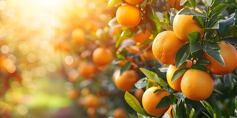 Oranges ready for picking on a sunlit orchard tree in a citrus farm. Concept Fruit Farming, Citrus Harvest, Agriculture, Orchard Management, Sunlit Landscape