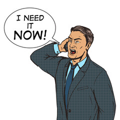 Angry businessman speaks by phone pop art style PNG illustration. Comic book style imitation. Conceptual illustration
