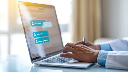 Patient Typing Questions During Virtual Healthcare Consultation on Laptop