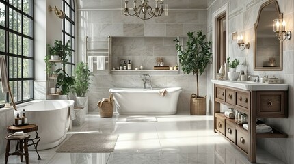 Fototapeta premium Modern bathroom interior, modern bathroom cabinet, white sink, wooden vanity, interior plants, bathroom accessories, bathtub and shower, white walls, concrete floor