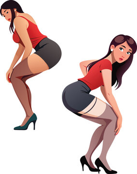 Two young women wearing short skirts bending over posing