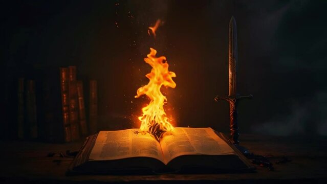 This is a video of a book on fire with a sword stuck in it. The fire is orange and the background is black.