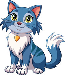 Blue tabby cat with yellow collar sitting and looking