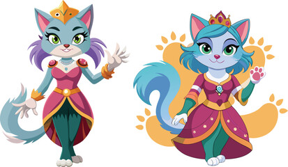Two beautiful cat princesses waving with crown and jewelry