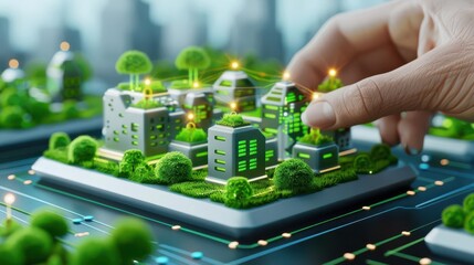 Obraz premium A hand arranges tiny buildings and trees on an illuminated smart city model with a futuristic and innovative atmosphere