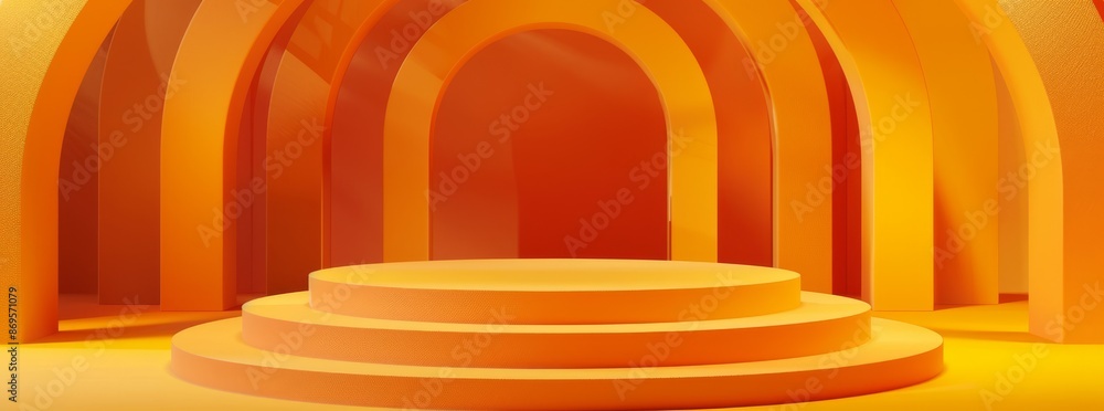 Aufkleber a bright and vibrant orange podium with multiple steps stands boldly in front of large, curved arche