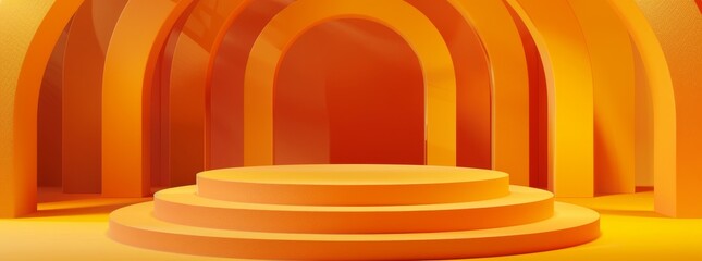 Obraz premium A bright and vibrant orange podium with multiple steps stands boldly in front of large, curved arches, creating a modern and striking setting with a clean, futuristic and artistic design