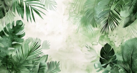 Watercolor Illustration of Lush Tropical Leaves on a Light Background