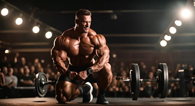 Strong bodybuilder man in a gym.
