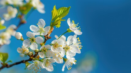 Obraz premium Close-up of white cherry blossoms with clear blue sky background
