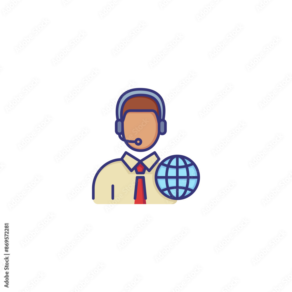 Poster interpreter line icon. character in headset with globe. translation concept. can be used for topics 