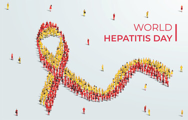 world hepatitis day awareness month concept poster. 28th July. Large group of people form to create a red and yellow ribbon. Vector illustration.
