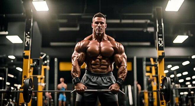 Strong bodybuilder man in a gym.