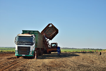 Equipamentos de transporte de cana de açúcar trabalhando no campo