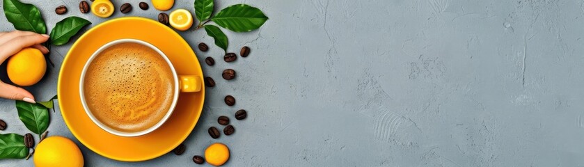 Yellow coffee cup with fresh lemons and coffee beans on a textured grey background