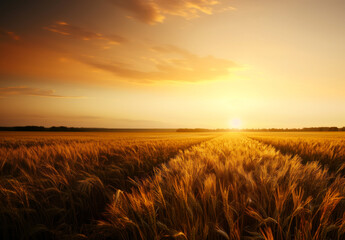 Obraz premium A stunning view of a golden wheat field illuminated by the setting sun, capturing the beauty and serenity of nature during the golden hour.
