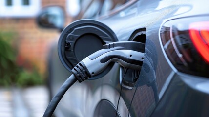 Fototapeta premium Charging plug connected to electric vehicle at charging station