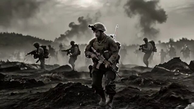 A black and white photo of a group of soldiers advancing through a war zone.
