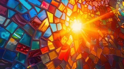 Colorful abstract stained glass background. Medieval random pieces of glass pattern with backlight
