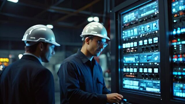 Two men in hard hats are working on a server rack.