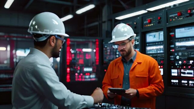 Two men in hard hats are working in a control room. One man is holding a tablet and the other man is looking at it.