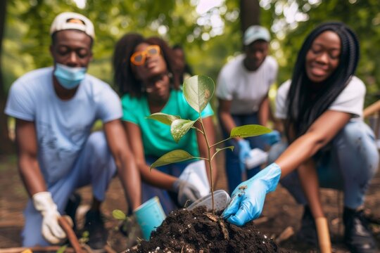 Planting Tree In Park Group of multi-ethnic people, people with differing abilities , volunteers planting tree in park