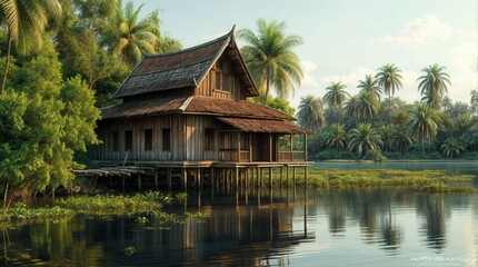 Naklejka premium Pond landscape, traditional wooden house