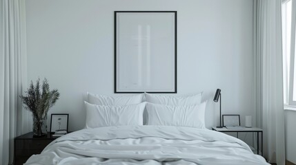 White hotel bedroom interior with bed and decoration. Mockup frame