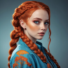 A woman with orange hair and blue eyes
