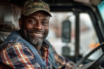 Fototapeta premium A happy black truck driver sitting in the cab of his vehicle