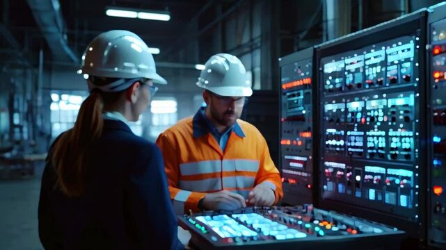 Two people in hard hats are looking at a control panel with many buttons and screens.