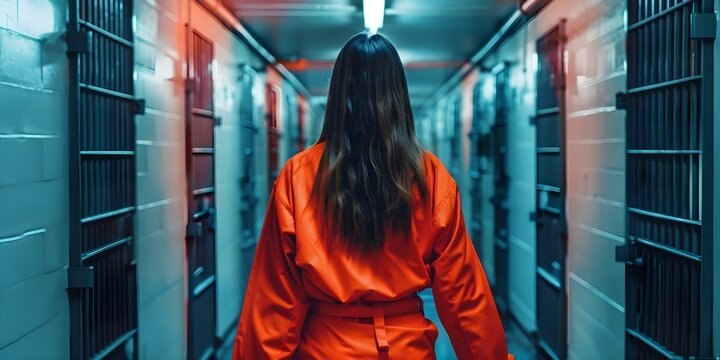 Woman in orange prisoner uniform walking through prison cell corridor from behind. Concept Prison, Inmate, Orange Uniform, Corridor, Solitary Confinement