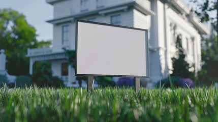 Fototapeta premium A blank yard sign stands in green grass against the backdrop of a white house. This serves as a yard sign mockup