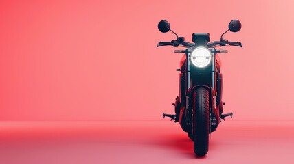 Front view of motorcycle with headlight on, against red background