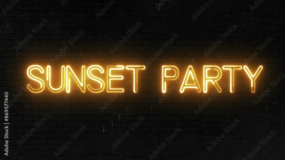 Poster sunset party text font with neon light. luminous and shimmering haze inside the letters of the text 